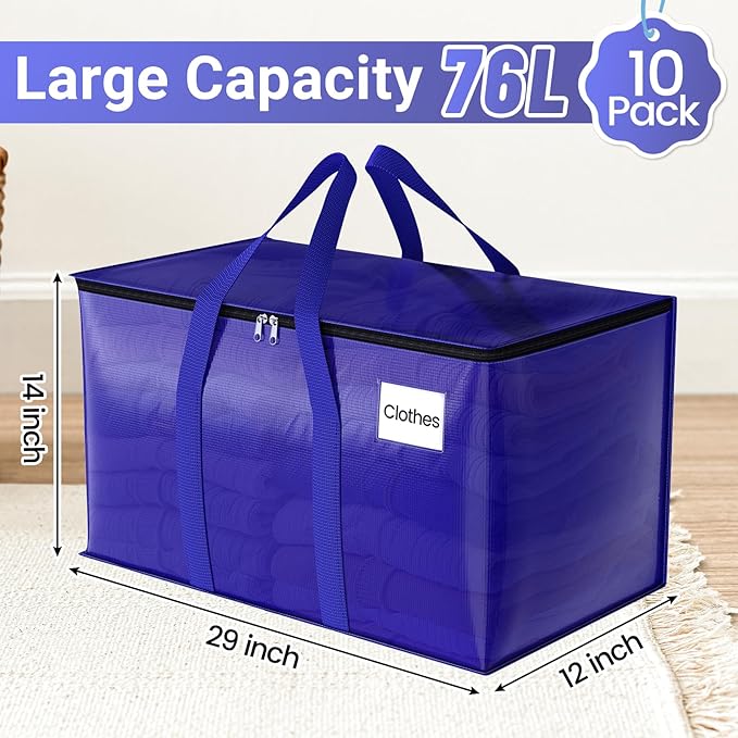 10Pack Moving Storage Bags, Moving Supplies Packing Boxes for Moving, Camping, College Dorm Room Essentials for Girls, Blue Tote Bags, 76L Heavy-Duty Storage Bins With Lids And Zippers