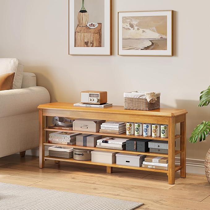 Shoe Rack Bench Seat Rubberwood 3-Tier Wooden Storage Bench 550lbs Compact Mid-Century Modern Design for Entryway, Hallway, Closet, Front Door Entrance, Foyer