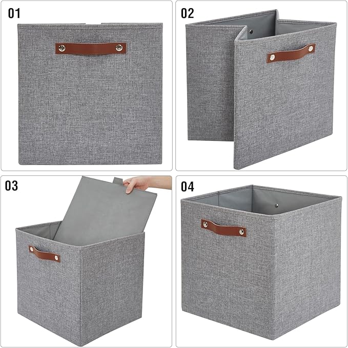 Collapsible Fabric Storage Cube Bins with 2 Reinforced PU Handles, Foldable Storage Organizer Baskets for Closet, Shelves, Living Room | 13"x13"x13", 4 Pack, Full Gray-NeatNest