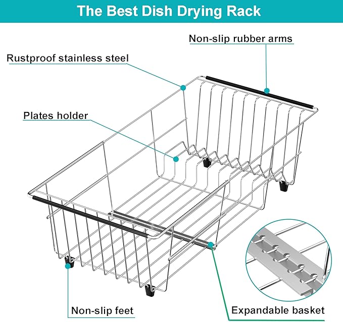 iPEGTOP Capacity Expandable Over Sink Dish Drying Rack, Multifunctional Adjustable (14"-18.5") Rustproof Stainless Steel Dish Drainer Organizer Shelf with Utensil Holder for Kitchen Counter Sink
