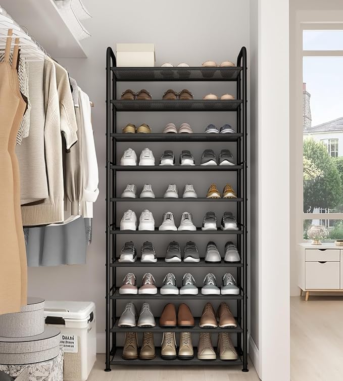 STO STO 10-Tier Shoe Rack with Sturdy Mesh Shelves, Tall Metal Shoe Organizer for Entryway, Closet, Garage, Front Door, Holds 30 Pairs, Free Standing Large Shoe Storage Shelf, Adjustable Feet, Black-NeatNest