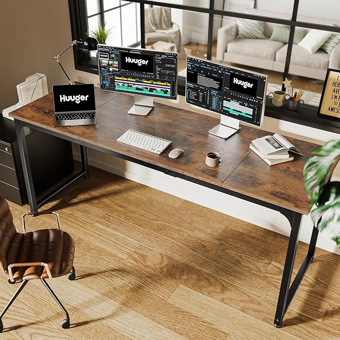 Huuger Computer Desk, 70 Inch Office Desk, Gaming Desk with Storage, Writing Desk Work Desk for Home Office, Study, Long Simple Desk, Large Legroom, Metal Frame, Rustic Brown-NeatNest