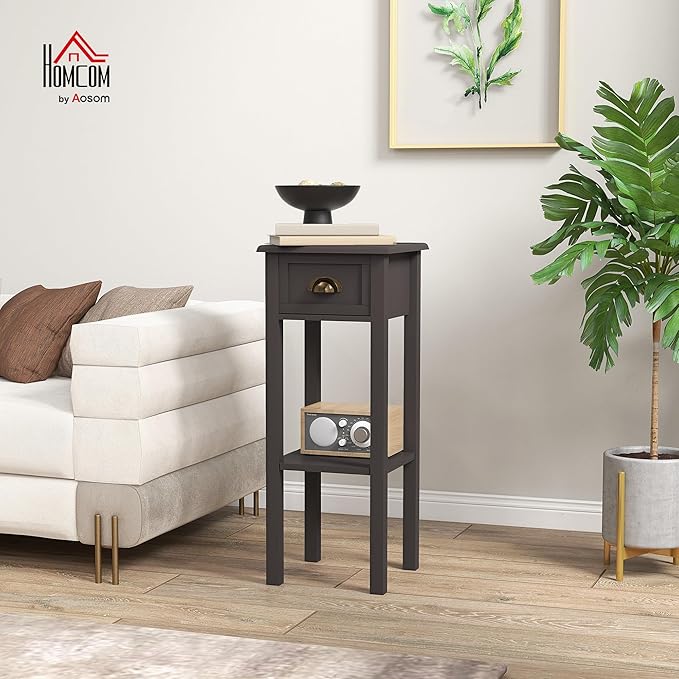HOMCOM 2-Tier Side Table with Drawer, Narrow End Table with Bottom Shelf, for Living Room, Set of 1, Coffee