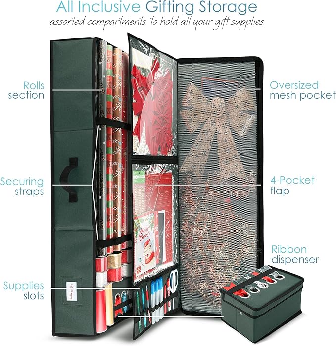 Hearth & Harbor Wrapping Paper Storage Container with Ribbon Storage Organizer - Christmas Storage Bag with Extra Interior Pockets - Gift Wrapping Organizer Storage Fits Up to 26 Rolls of 40" Length-NeatNest