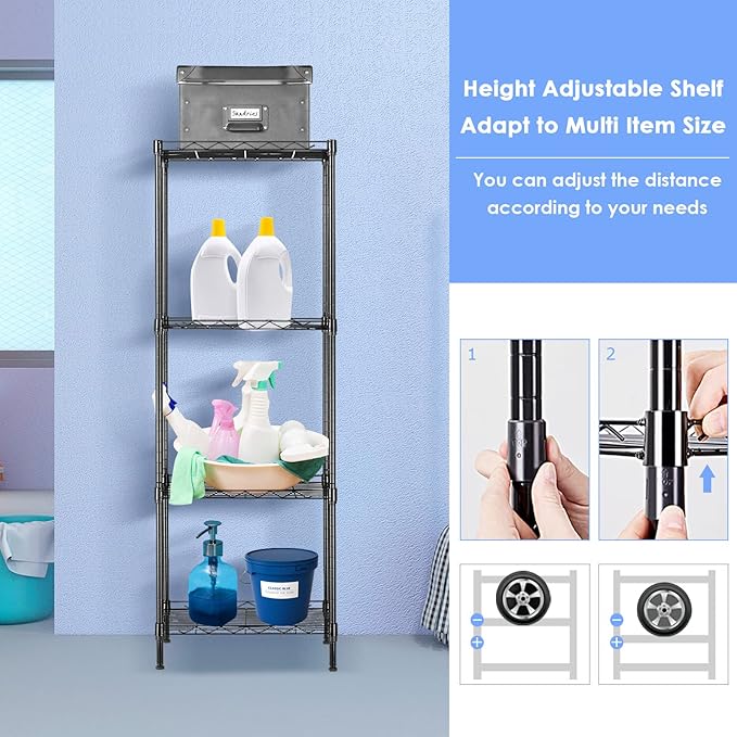 4 Tier Narrow Wire Shelving Unit, Adjustable Narrow Metal Shelf, Narrow Storage Shelves for Small Spaces, Laundry, Bathroom, Kitchen, Pantry, 12" D X 18" W X 50" H, 265 LBS Capacity, Black