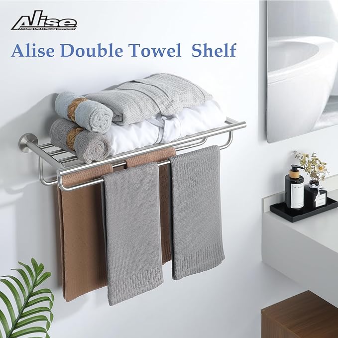 Alise 24 inch Towel Shelf with Double Towel Bars,Towel Rack for Bathroom,SUS 304 Stainless Steel Wall Mount Towel Holder Storage,Brushed Nickel,GYT7060-LS