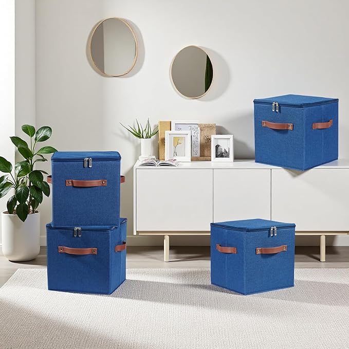2PCS Storage Cubes with Lid Fabric Storage Bin Box PU Leather Handles Cotton Linen Closet Organizer Container Decorative Foldable Washable Shelf Cloth Basket (Zipper Lid, Deep Blue, 11in)-NeatNest