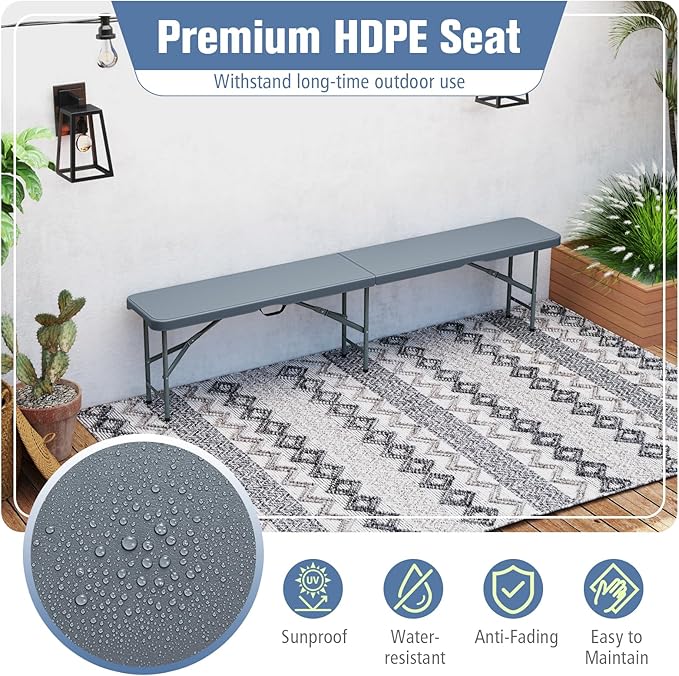 Goplus 6 Feet Plastic Folding Bench, 2 Pack Portable Foldable Bench Seat with 1320 LBS Capacity, HDPE Thickened Long Seat with Handle & Lock, for Outside Picnic Party Camping Dining Soccer Events-NeatNest