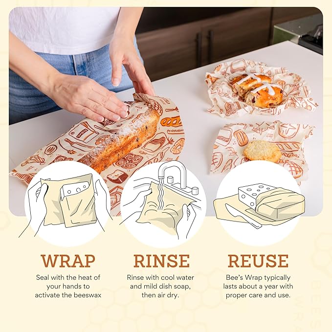Bee's Wrap Beeswax Wraps for Food - Bakery Lane 3 Pack (S, M, L) Made in USA Reusable & Organic Food Wraps, Sandwich Wrap & Bowl Covers - Eco-Friendly Alternative to Aluminum Foil & Plastic Wrap-NeatNest