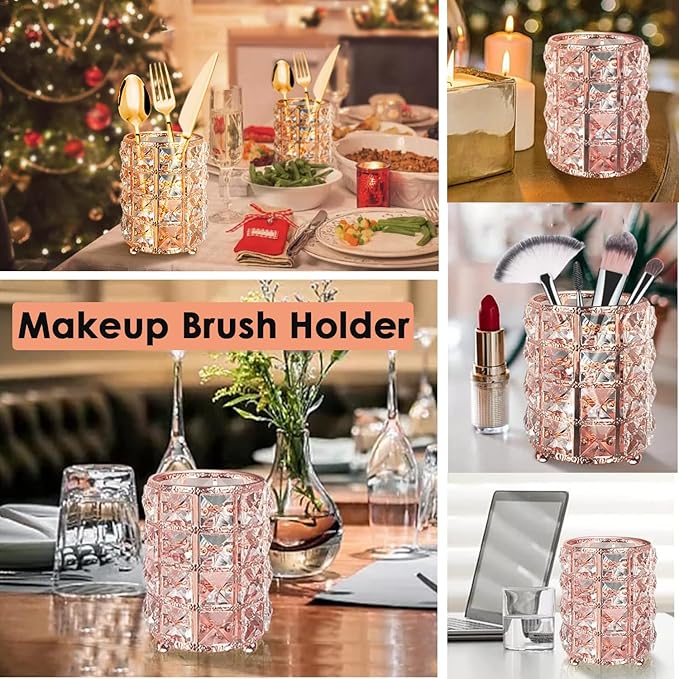 AKOAK 1 Pack Crystal Makeup Brush Holder Office Supplies Storage Rack Eyebrow Pencil/Lipstick/Pencil Makeup Container, Dressing Table, Bedroom, Office (Rose Gold)-NeatNest