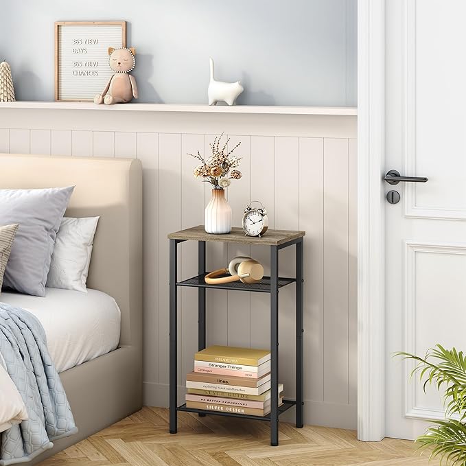 Hoctieon 3 Tier End Table, Telephone Table, Tall Side Table with Storage, Small Nightstand for Small Spaces, Metal Frame, For Living Room, Bedroom, Sofa Couch, Hall, Easy Assembly, Greige