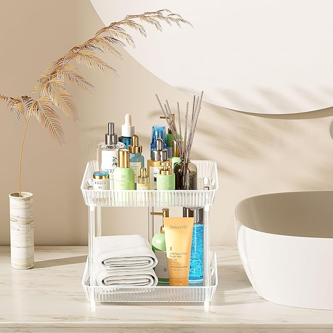 2 Tier Lazy Susan Bathroom Countertop Organizer, 360° Clear Rotating Square Storage Tray, Cosmetics and Perfume Organizer, Spinning Storage Tray Vanity Organizer Shelf for Bathroom Cabinet, Kitchen-NeatNest