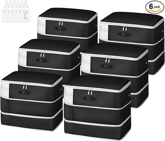 Comforter Storage Bag - Large Capacity Blanket Storage Bags 3-Layer Ultra Space Saving Self Compression Organizer, Washable Compression Bags for Storage Comforter Blanket, 6-Pack, Black-NeatNest