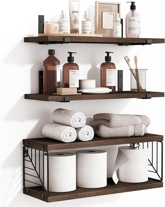 Fixwal 3+1 Tier Bathroom Floating Shelves Over Toilet, 15.8in Farmhouse Rustic Wood Shelves, Wall Decor for Bathroom, Living Room,Bedroom and Kitchen (Dark Brown)-NeatNest