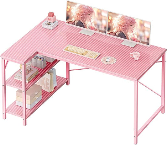 Huuger L Shaped Desk, 47 Inches Computer Desk with Reversible Storage Shelves, Gaming Desk, Corner Desk Home Office Desks, Writing Study Desk with Metal Frame, Pink-NeatNest