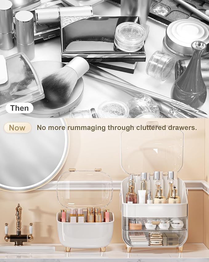 Makeup Organizer with Lipstick Holder, Skincare Organizers Storage Box Cosmetic Display Cases, Teen Girl Gifts Make up Organizers for Vanity, Dresser, Countertop, Bathroom(Rose Gold)