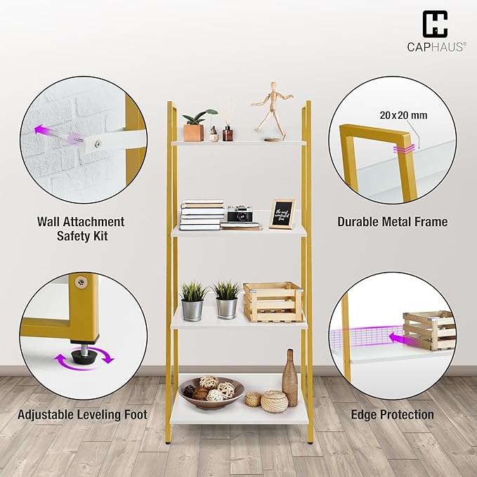 CAPHAUS 4 Tier Ladder Bookshelf, 24 Inch Width Free Standing Shelf, Bookcase Shelf Storage Rack Organizer, Industrial Book Shelves for Home Office, Living Room, Kitchen, White Shelves & Gold Frame-NeatNest