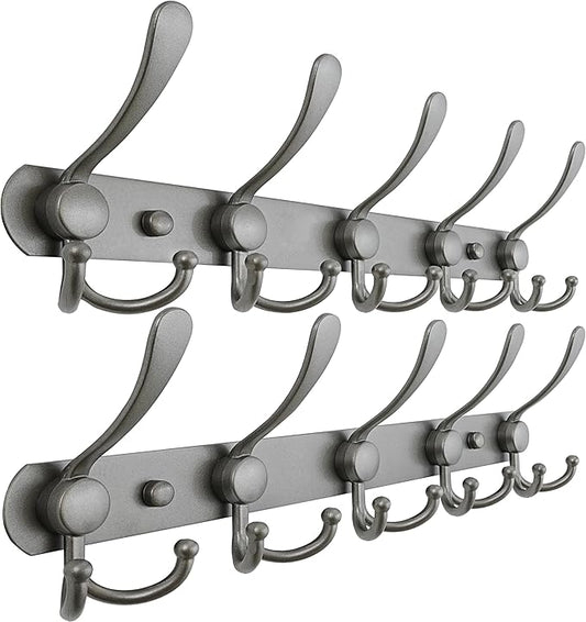 Dseap Coat Rack Wall Mounted - 5 Tri Hooks, Heavy Duty, Stainless Steel, Metal Coat Hook Rail for Coat Hat Towel Purse Robes Mudroom Bathroom Entryway (Grey, Pack of 2)-NeatNest