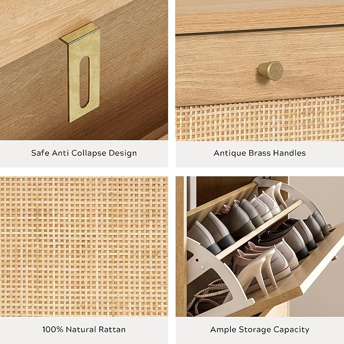 Rattan Shoe Cabinet with 2 Flip Drawers, Mid Century Modern Shoe Organizer, Boho Wooden Hidden Slim Narrow Shoe Rack Cabinet for Entryway, Hallway, Natural Oak-NeatNest