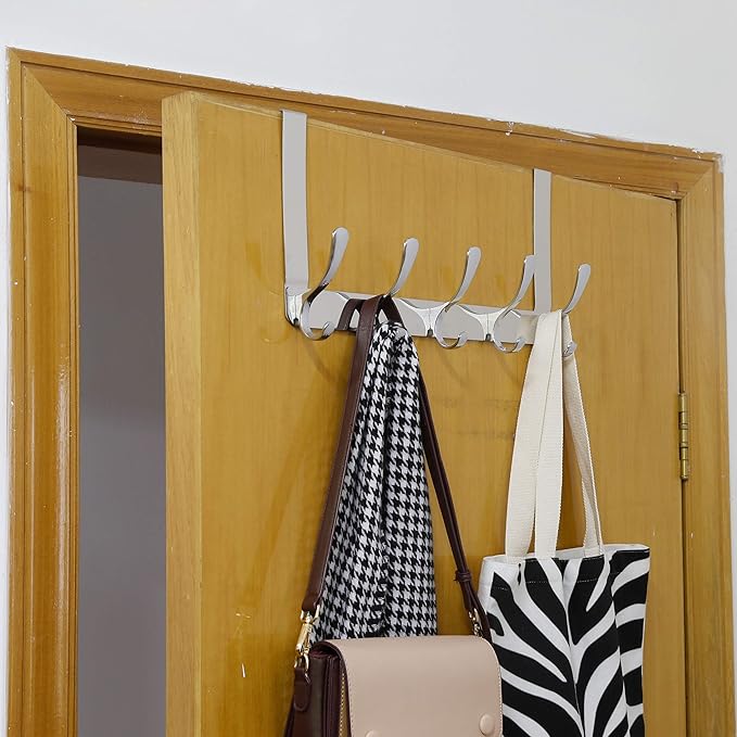WEBI Over The Door Hook 5 Coat Hooks,Over The Door Towel Rack,Door Hanger Over Door Coat Rack for Hanging Towels,Clothes,Bathroom,Chrome,2 Packs