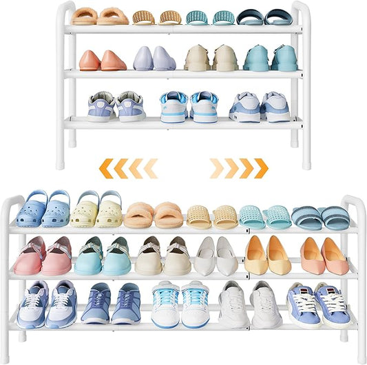 Shoe Rack for Closet, 3 Tier Shoe Organizer, 28“ Metal Shelf Can Expandable to 42“, for Closet, Entryway, Bedroom, Garage, Adjustable to 18 Pairs Shoes, White-NeatNest