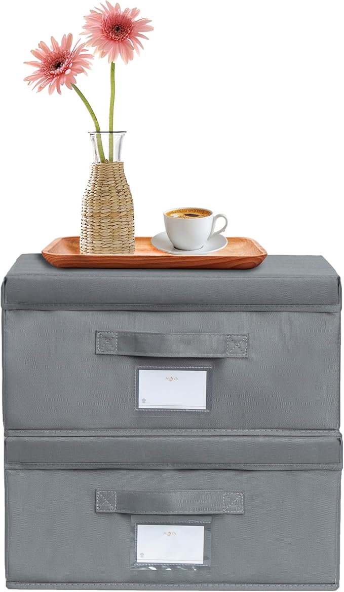 2 Pack Collapsible Storage Bins - Fabric Storage Bins with Lid for DVD Storage, Memory Box, Versatile Closet Storage Bins (Dark Grey, 14.2" L x 12.6" W x 6.3" H)-NeatNest