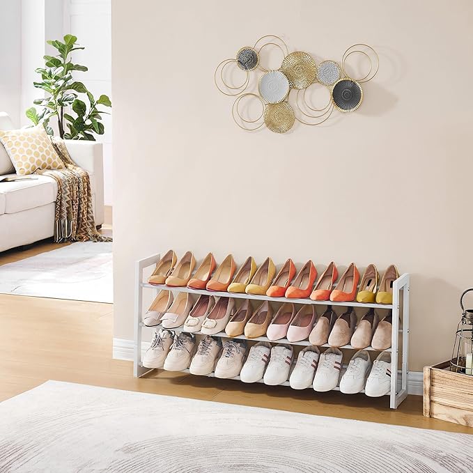 FAVOOSTY 3-Tier Expandable Shoe Rack, Adjustable Shoe Shelf Storage Organizer Space Saving Metal Free Standing Shoe Rack for Entryway Closet Doorway, White-NeatNest