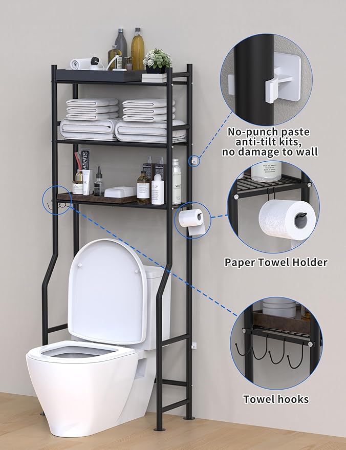 3-Tier Over The Toilet Storage, Freestanding Metal Bathroom Shelves with 4 Hooks, Over Toilet Storage Shelf with Paper Holder, Above The Toilet Shelf for Bathroom Storage, Black-NeatNest