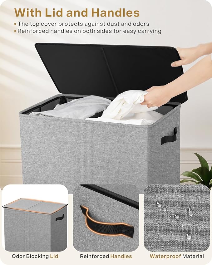 SOLEDI Double Laundry Hamper with Lid, 130L Clothes Hamper 2 Section, Laundry Basket with Removable bag, Bed room decor aesthetic, laundry room organization, Home and dorm room essentials-NeatNest