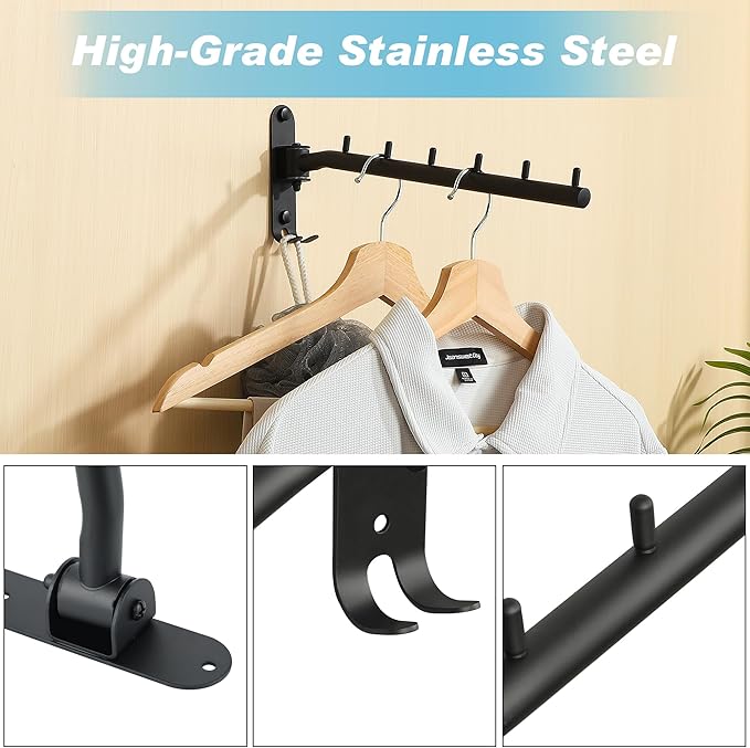 Alise Swivel Clothes Hanger Rack, Stainless Steel Laundry Wall Mounted Drying Rack, Space Saver Coat Hanging Racks with Swing Arm for Closet Bedroom Laundry, Black-NeatNest