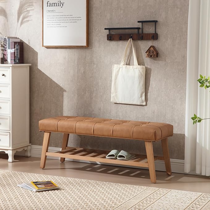 Entryway Shoe Bench Storage Benches with Upholstered Button Tufted Seat and Open Slatted Shelf PU Leather Ottoman Bench for Hallway Living Room Bedroom End of Bed, Brown-NeatNest