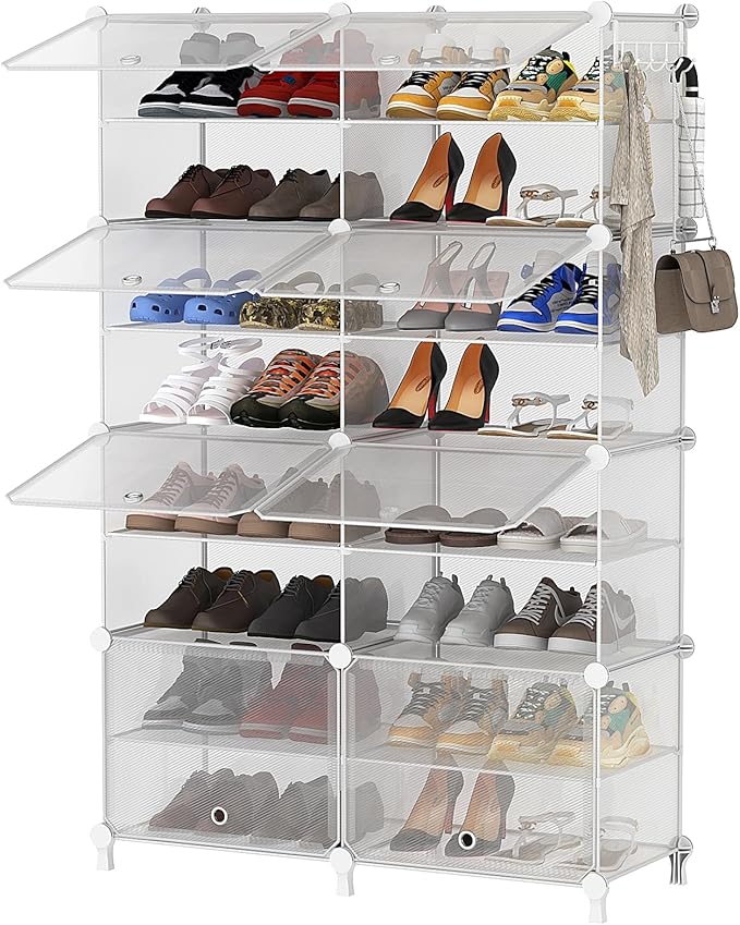 AWTATOS Shoe Rack, 8 Tier Shoe Storage Cabinet with Door, 32 Pair Shoe Organizer Shelves for Closet Hallway Bedroom Entryway, Transparent Twill-NeatNest