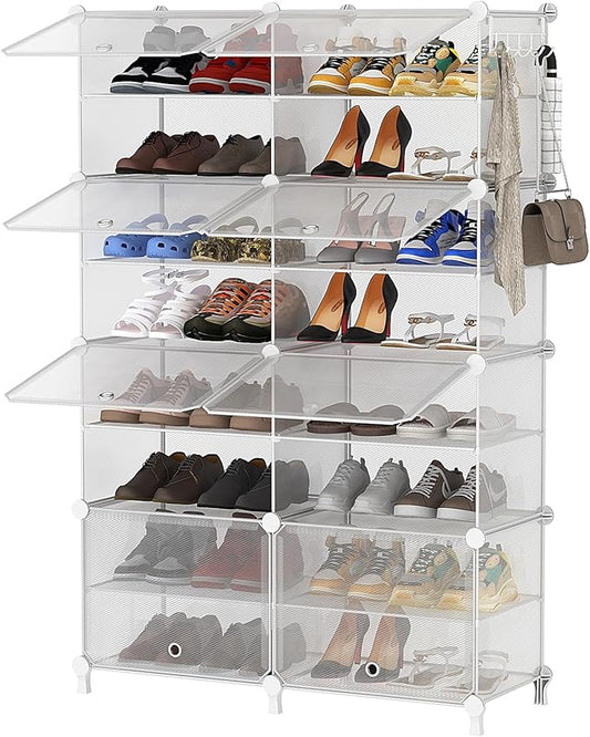 AWTATOS Shoe Rack, 8 Tier Shoe Storage Cabinet with Door, 32 Pair Shoe Organizer Shelves for Closet Hallway Bedroom Entryway, Transparent Twill-NeatNest