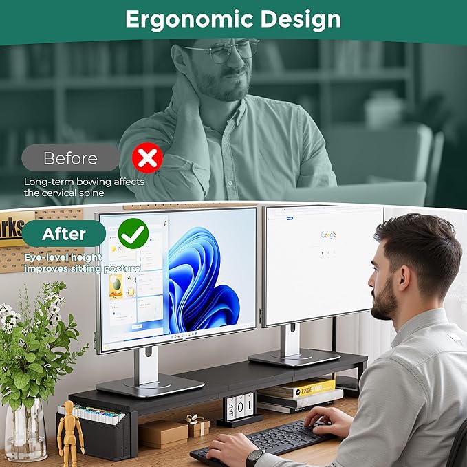 Dual Monitor Stand Riser, 41.5'' Extra Long Wood Monitor Stand Desktop Organizer with Side Pocket, Ergonomic Monitor Riser Supports 2 Monitors,TV,Laptop,Printer for Home Office, Black