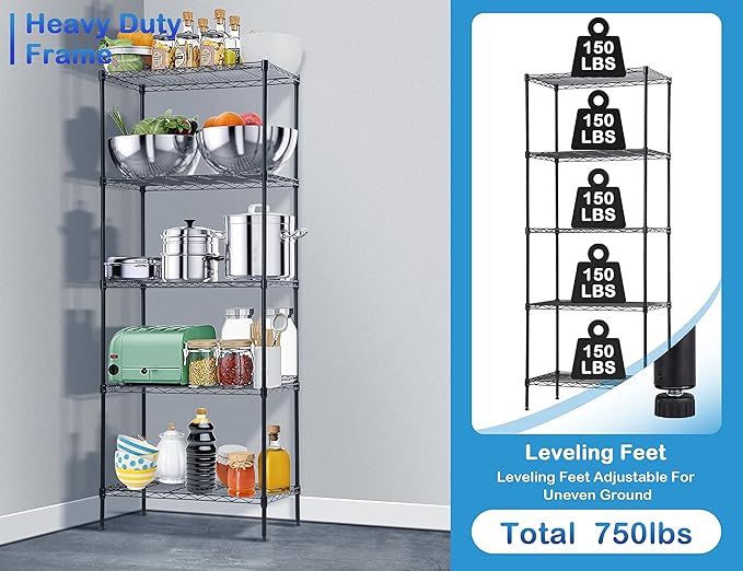 5-Tier Metal Wire Shelving Unit Snack Shelf Storage Rack NSF Certified Storage Shelves 750 Lbs Capacity Standing Utility Shelf for Laundry Kitchen Pantry Garage Organization
