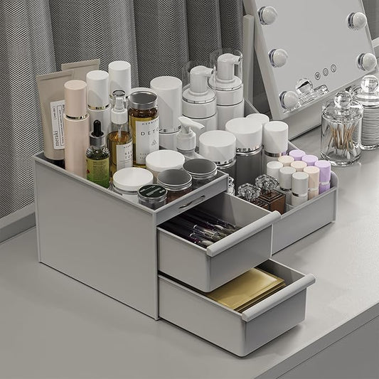Makeup Organizer Countertop, Vanity Organizer with Drawers for Cosmetics, Skincare, Brushes, Perfume, Skincare Organizer for Vanity, Perfume Organizer for Dresser, Bathroom (Grey&2 Drawers)-NeatNest