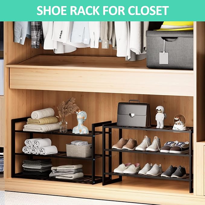 Bamboo Shoe Rack for Entryway, Stackable 3 Tier Shoe Organizer Shelf Storage 9-12 Pairs Shoes Stand Cubby for Closet Door Hallway Bedroom Garage Black, Thanksgiving-NeatNest