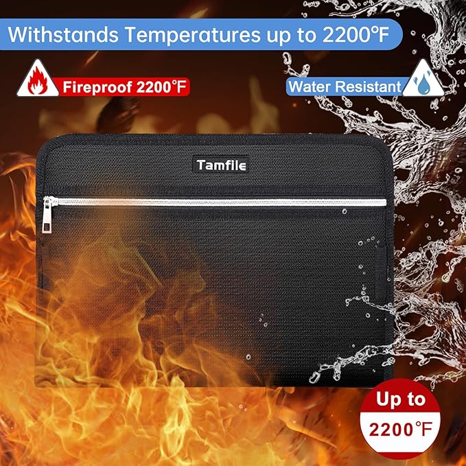 Tamfile Fireproof Waterproof Safe Expanding File Folder Accordion Document Organizer with 24 Pockets Portable Money File Bag Filing Holder and Lables/3Zippers A4 Letter Size (Black,14.3" 9.8")