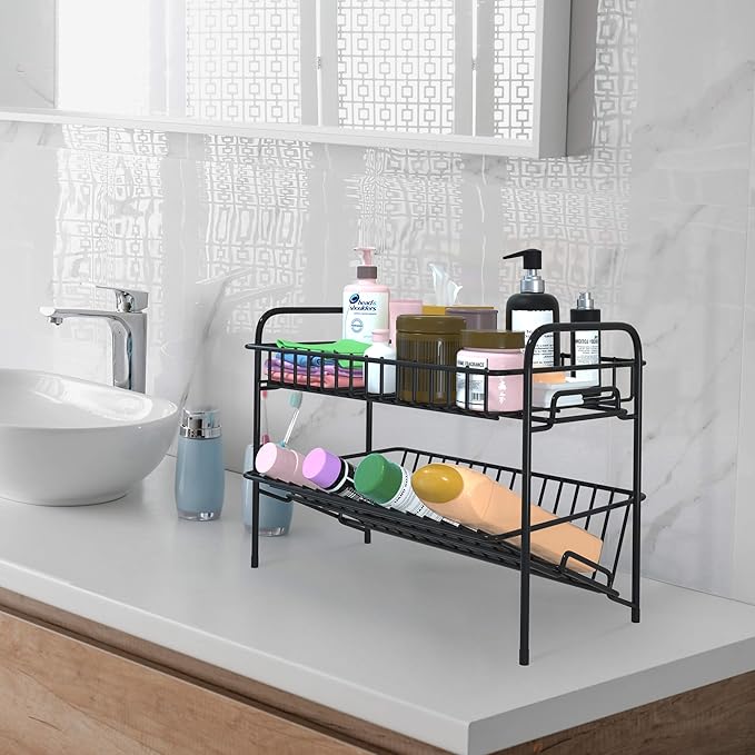 HengLiSam Spice Rack Organizer for Countertop, Heavy Duty Full Solid Metal Kitchen Shelves, 2 Tier Liquor Shelves Freestanding Holder Storage for Kitchen Cabinet Pantry Bottle Rack for Bathroom, Black-NeatNest