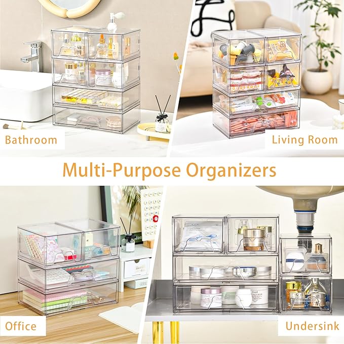 4 Pack Stackable Storage Drawers Clear Acrylic Organizer Bathroom Makeup Organizer and Storage for Beauty Supplies,Ideal for Vanity, Bathroom,Cabinet,Pantry Organization-NeatNest