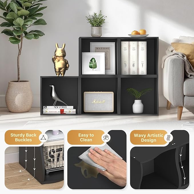 2 Cube Storage Organizer Shelf, Stackable Wooden Bookshelf, Modular Bookcase for Bedroom, Living Room, Office, Study (Black)-NeatNest