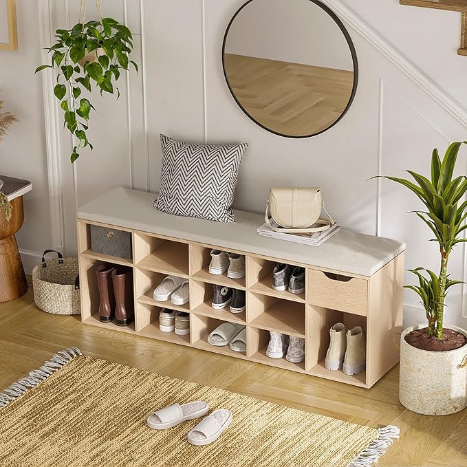 DINZI LVJ Shoe Bench, Entryway Storage Bench with Drawer and 14 Cubbies, Long Cubby Shoe Rack with Adjustable Shelves, Shoe Organizer for Living Room, Bedroom, Mudroom, Garage,Natural-NeatNest