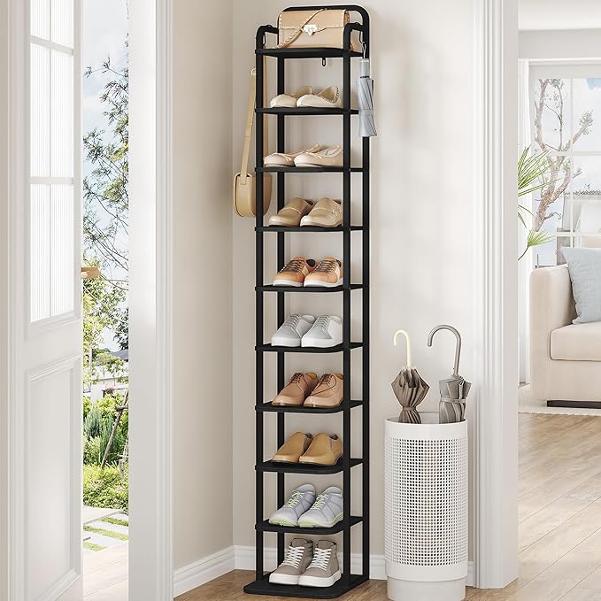 Vertical Shoe Rack, Shoe Shelves, Wood Shoe Organizer for Closet, Entryway, Shoe Tower for Small Spaces, Free Standing, Adjustable, with 2 Hooks, 10 Tier Black SR11204B-NeatNest