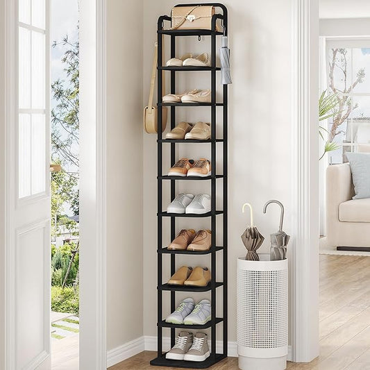 Vertical Shoe Rack, Shoe Shelves, Wood Shoe Organizer for Closet, Entryway, Shoe Tower for Small Spaces, Free Standing, Adjustable, with 2 Hooks, 10 Tier Black SR11204B-NeatNest