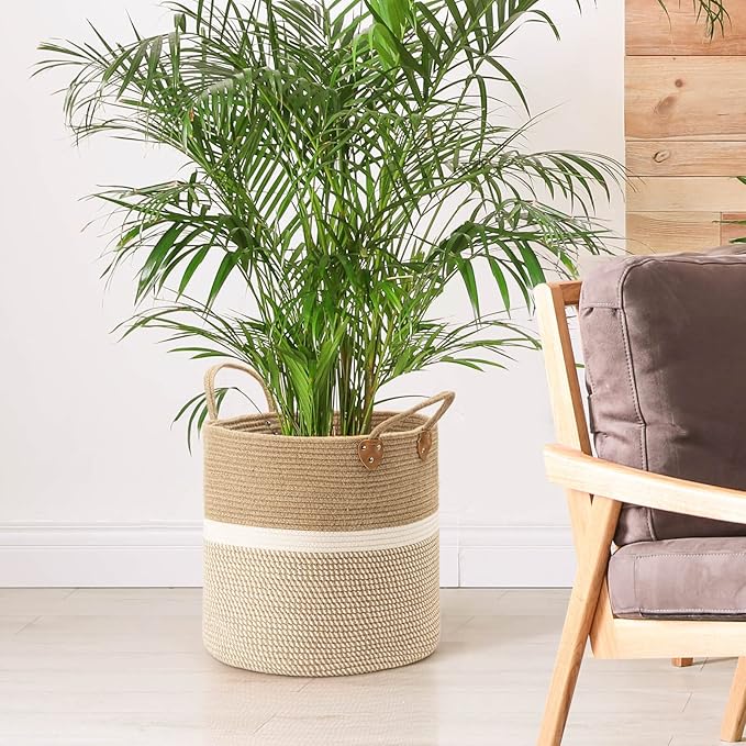 CHICVITA Extra Large Woven Storage Basket with Handles – Laundry Basket Toy Towels Jute Blanket Basket Home Decor Gift, 16" x 16", White-NeatNest