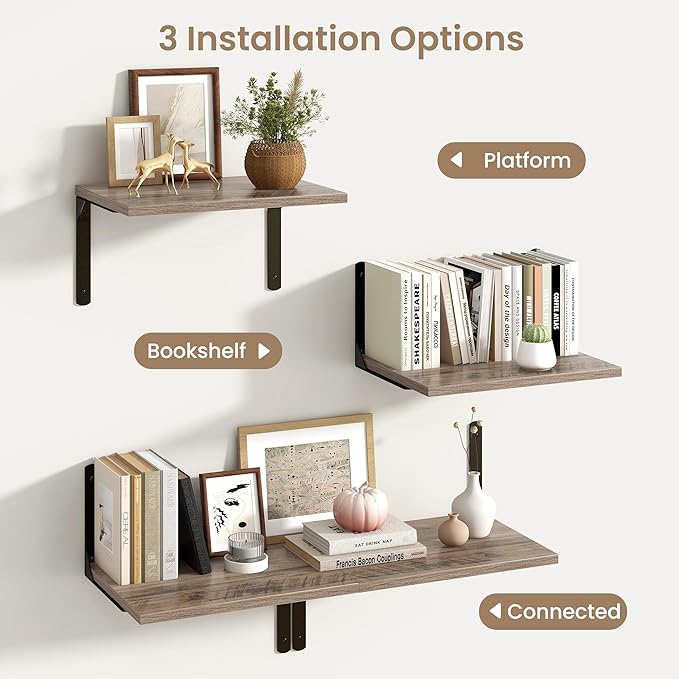 Fun Memories Floating Shelves for Wall, 12 Inch Deep Floating Shelves Set of 2, Wall Mounted Shelf with Metal Brackets, Rustic Wood Wide Shelf for Bathroom, Kitchen and Living Room, Grey, 16W x 12D-NeatNest