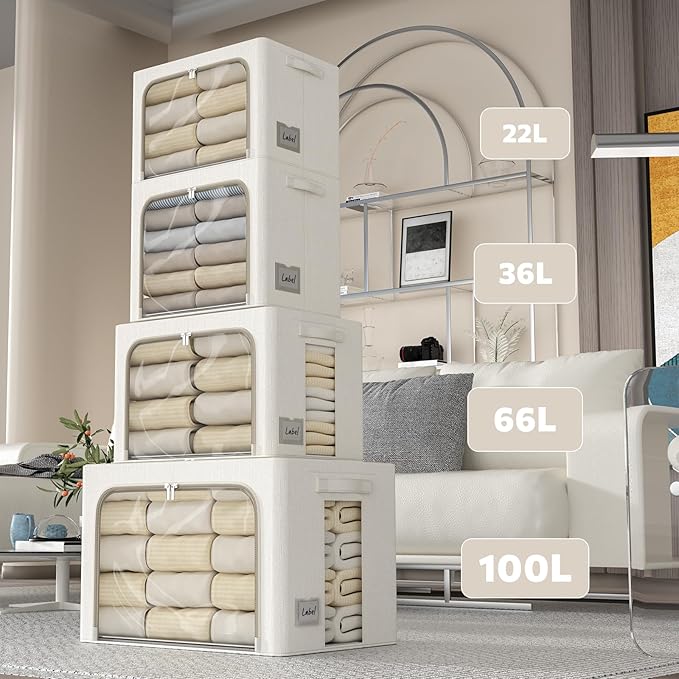 2 Pack Clear Window Storage Bins Large Stackable Linen Fabric Storage for Clothes Foldable Container Organizer Set with Carrying Handles (Lvory White, 15.7x 11.8x 11.7Inch)-NeatNest
