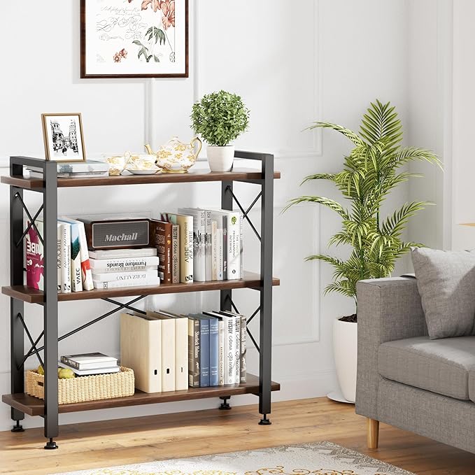 3 Tier Bookshelf Bookcase, 35.5'' Width Wood & Metal Open Book Shelf, Freestanding Industrial Display Shelf, Rustic Storage Shelves Organizer for Home Office, 300 lbs/Level