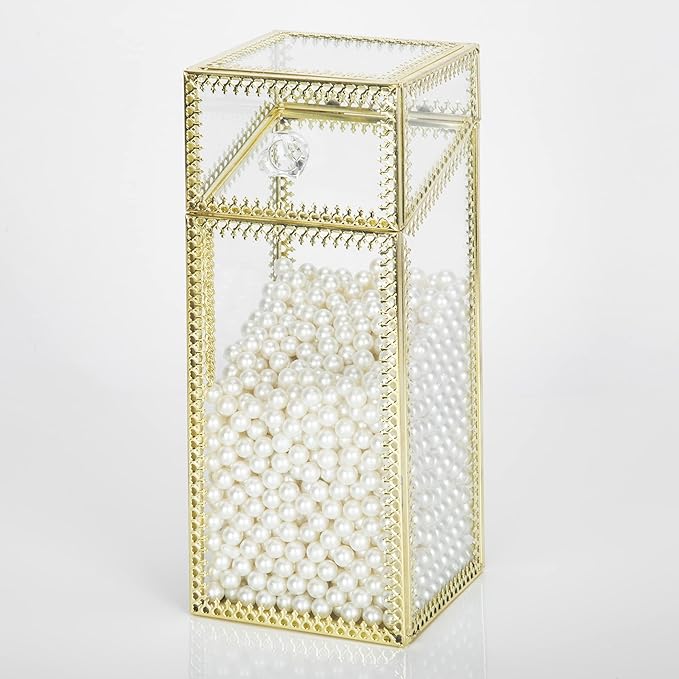 Glass Makeup Brush Holder with Lid Organizer Vintage Cosmetic Hexagonal Display Cases Brush Storage with Free White Pearls - Gold-NeatNest