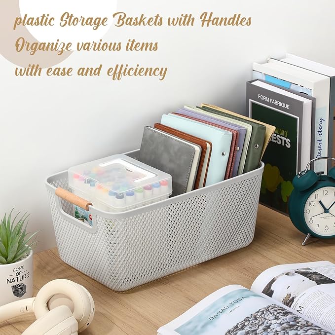 4 Pcs Plastic Mesh Baskets with Handles - Mesh Storage Organizer Bin Container Baskets for Home Organizing Pantry Closet Cabinet Kitchen Fridge Fruit Snacks Gifts, Grey (Large)